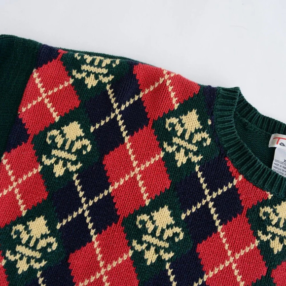 Vintage Talbots Red Green Fleur de Lis Argyle Preppy Plaid Crewneck Sweater XL - Picture 11 of 11